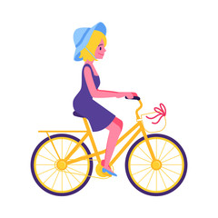 Fototapeta na wymiar Vector cute young girl riding yellow bike icon