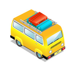  Vector drawing of a yellow bus with suitcases. Car in isometric style, icon, travel symbol