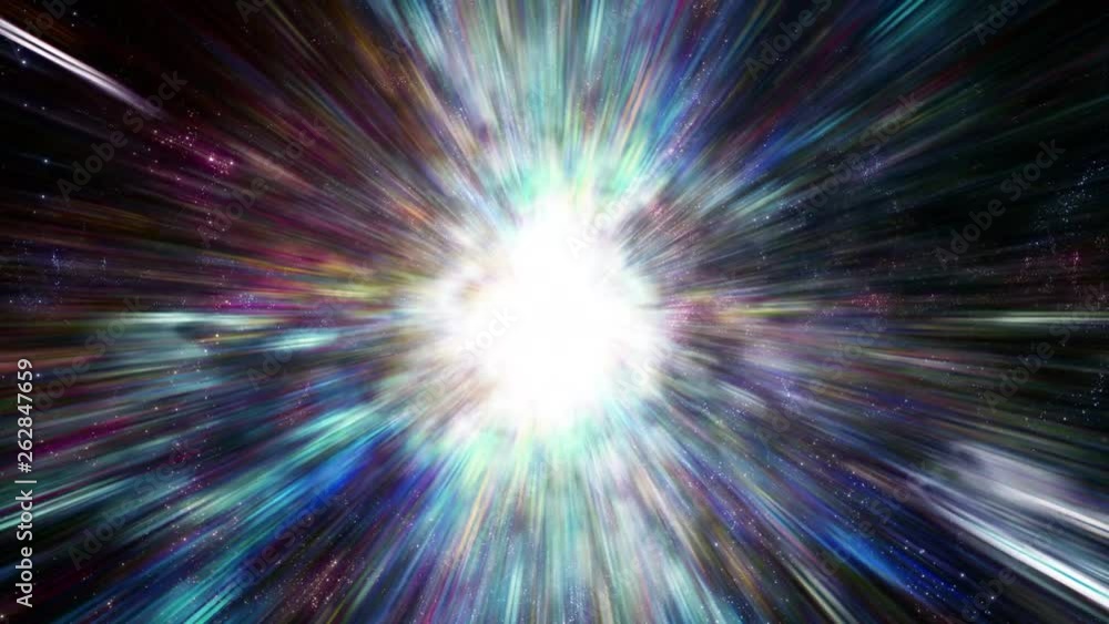 Wall mural traveling through star fields in space as a supernova bursts light (loop).
