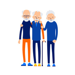 Old men hugging. Three older men are standing together. Romantic relationship. Happy smiling seniors at leisure. Concept male friendship. Cartoon illustration isolated on background in flat style