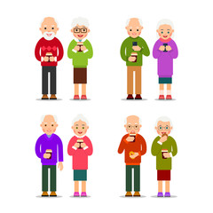 Set old people with coffee. Older couples are standing and drinking coffee. Elderly men and women rest with a cup of coffee. Cartoon illustration isolated on background in flat style