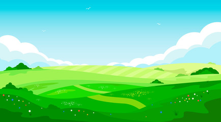 Fototapeta na wymiar Rural landscape with green hills and blue sky