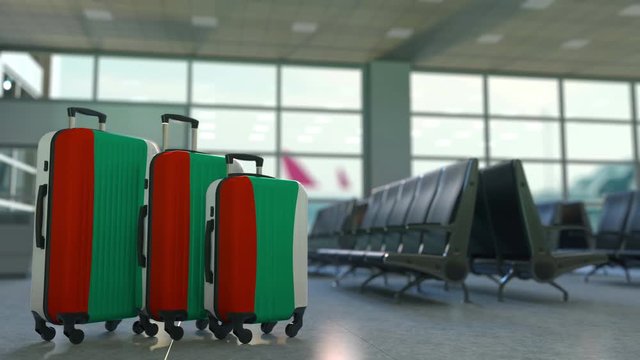 Travel suitcases with flag of Bulgaria. Bulgarian tourism conceptual animation