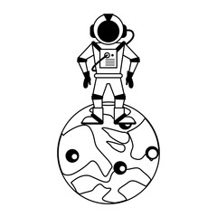 Astronaut on moon cartoon isolated in black and white