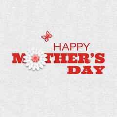 Happy Mother's Day poster with red text, flower and silhouette of butterfly on the textile.