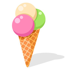 Ice cream cones with three balls on a white background.