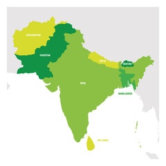 South Asia Region. Map of countries in southern Asia. Vector illustration