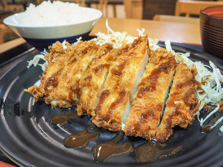 Tonkatsu (deep-fried pork cutlet) on Japanese dish served with bowl of rice.