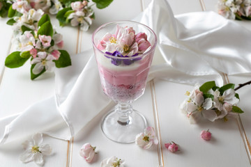 Chia pudding with red currants and apple blossoms