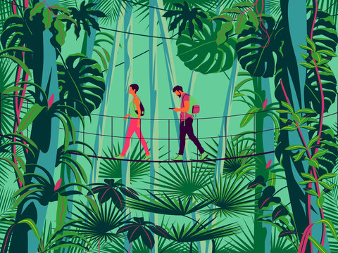 A man and a woman on a suspension bridge in the rainforest.
