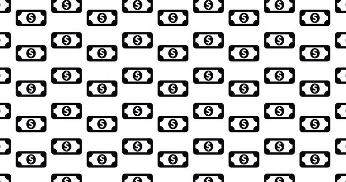 Dollar bill icons background clip motion backdrop video in a seamless repeating loop.  Black and white finance cash icon money themed pattern background high definition motion video clip
