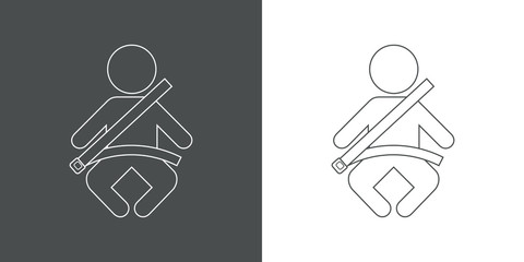 Icono plano lineal niño sentado con cinturón de seguridad en gris y blanco © teracreonte