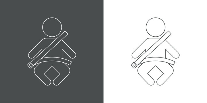 Icono plano lineal ni&ntilde;o sentado con cintur&oacute;n de seguridad en gris y blanco