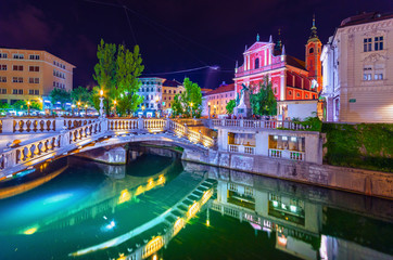 Slovenia Ljubljana Tromostovje Ljublianica river Church