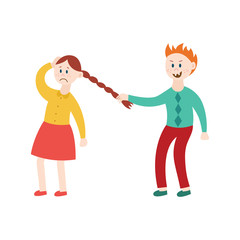 Bully boy pulling girl's hair