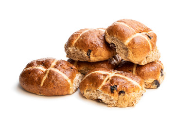Easter cross buns with sultanas isolated on white background