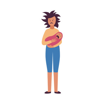 Tired woman with wild hair stans holding crying baby flat cartoon style