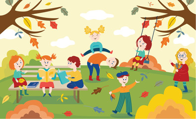 Cheerful children playing, jumping and reading books outdoors in autumn park or garden.