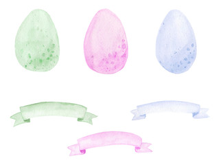 Watercolor set of eggs and ribbons 2
