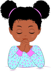Black girl praying before she goes to bed, illustration, cute, big hair, dressed in her pajamas.