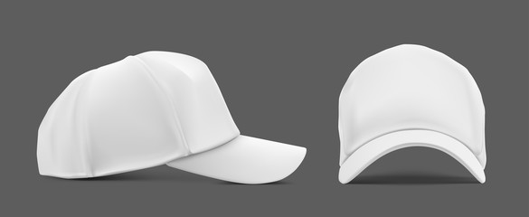 Realistic detailed baseball cap. Frontal and side view. Vector illustration on a gray background. Ready for the presentation of your design, advertising, promo. EPS10.