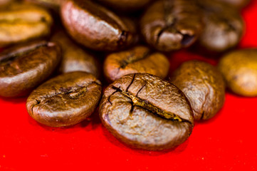 Brown roasted coffee beans on red background, close up, macro