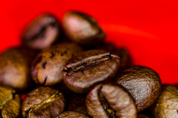 Brown roasted coffee beans on red background, close up, macro
