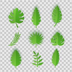 Set of summer tropical leaves in paper cut style. Craft jungle plants collection on white background. Vector card illustration in paper cutting art style