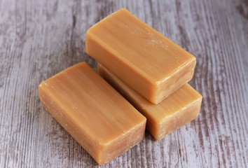 pieces of brown soap on the table