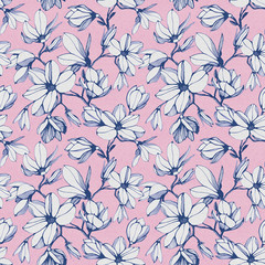 Seamless pattern of magnolia flower on a pink paper background. For wallpaper and fabric. Wallpaper or fabric design. Stylish illustration.