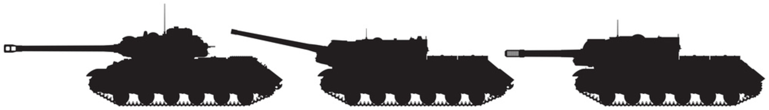 Tank and tank destroyers vector silhouettes, WW2 Soviet heavy tank IS-2 and self-propelled artillery units anti-tank assault guns ISU-122 and ISU-152 from Joseph Stalin IS tank series