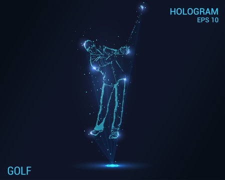 Golf hologram. A holographic projection of the golfer. Flickering energy flux of particles. The scientific design of the sport.