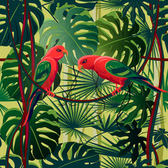 Parrots in the thickets of a flowering rainforest.