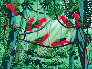 Fototapety  Parrots in the thickets of a flowering rainforest.