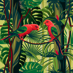Obrazy na Szkle  Papugi w zaroślach kwitnącego lasu deszczowego.