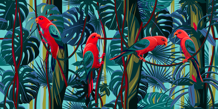 Parrots in the thickets of a flowering rainforest.