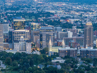 Aerial panorama of Salt Lake City downtown at the evening
