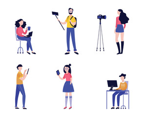 Vector illustration set of various people recording video with camera or mobile phone.