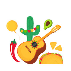 Cinco de Mayo. 5th of May. Guitarron, cactus, chili, taco, nachos, avocado - clipart to national mexican holiday.