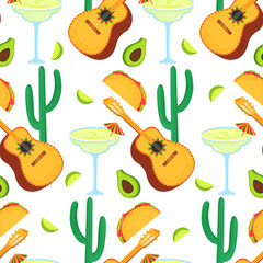 Cinco de Mayo. 5th of May. Guitarron, cactus, taco, avocado, margarita - clipart to national mexican holiday seamless pattern. Can be used as wallpaper, wrapping paper, textiles.