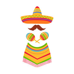 Cinco de Mayo. 5th of May. Mexican sombrero, poncho, mustache and maracas.
