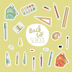 Vector set of colored stickers with stationery, writing materials, office or school supplies. Bright  pack of pen, pencil, ruler, glue, paint, brush, backpack. Back to school illustration