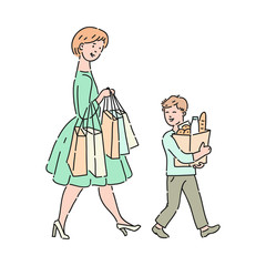 Vector polite kid helps mother carrying bags