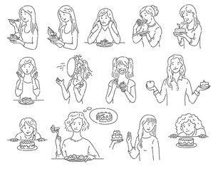 Set of female characters with dessert cake outline sketch style