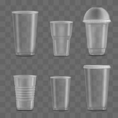 Set of empty and blank transparent disposable plastic cups.