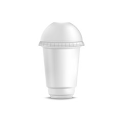 White disposable plastic cup for cold beverage with round dome lid © sabelskaya