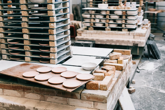 Stacked Plates in Beautiful Bright Pottery Workshop