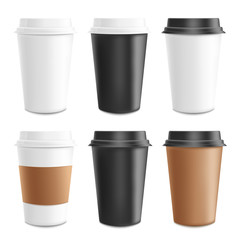 Mockup and template realistic 3d set of paper, cardboard and plastic coffee cup.