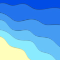 Vector template of Sea top view in summer on the beach. The blue sea in paper cut and craft style. Summer time background, sandy beach, sunny day, ocean waves. Cute poster for your design. 