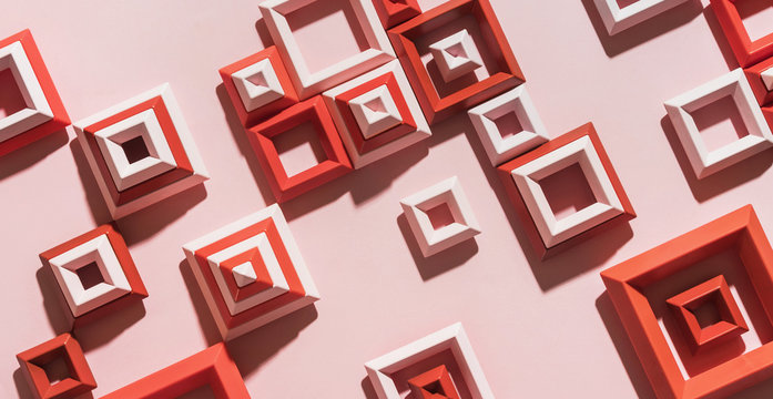 3d illustration of red and pink squares randomly placed on pink paper